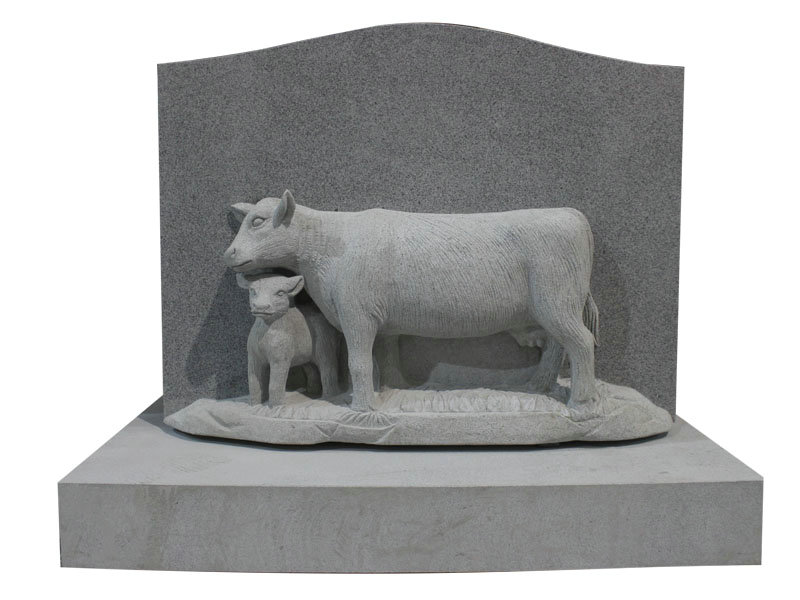 Affordable Hand Carved Cows Headstone In Grey Granite