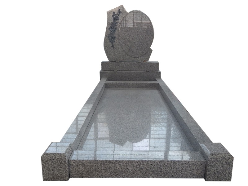 Popular Grey Granite Headstone With Carved Rose And Kerbs Design