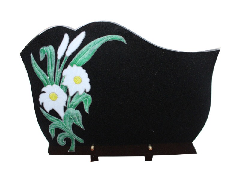 Cremation Memorial Plaques Black Granite With Carved Lily
