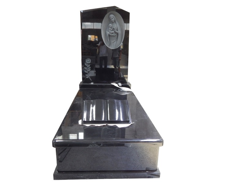 Black Granite Headstones With Carved Holy Mary And Baby Jesus