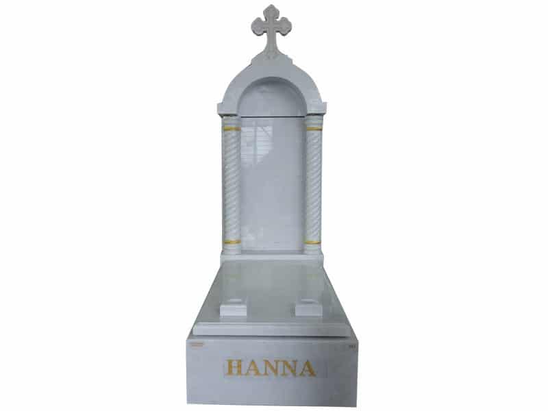 White Marble Personalized Memorial Cross With Carved Columns