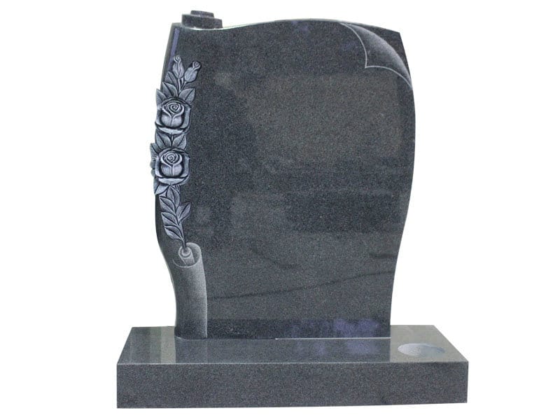 Dark Grey Headstone With Carved Scroll And English Rose Design