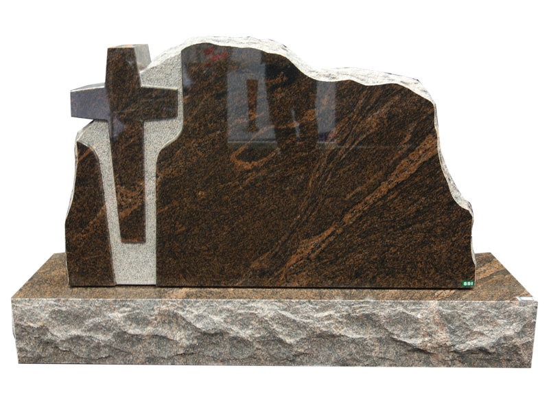 Polished Cross Design Upright Headstone Shown In Red Granite