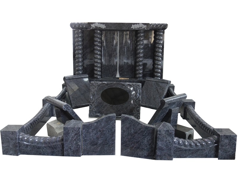 Large Bahama Blue Headstone With Twisted Pillars And Roof Design