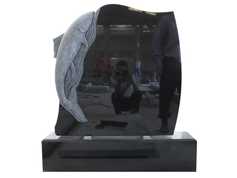 Impressive Black Granite Headstone With Dolphin Carving