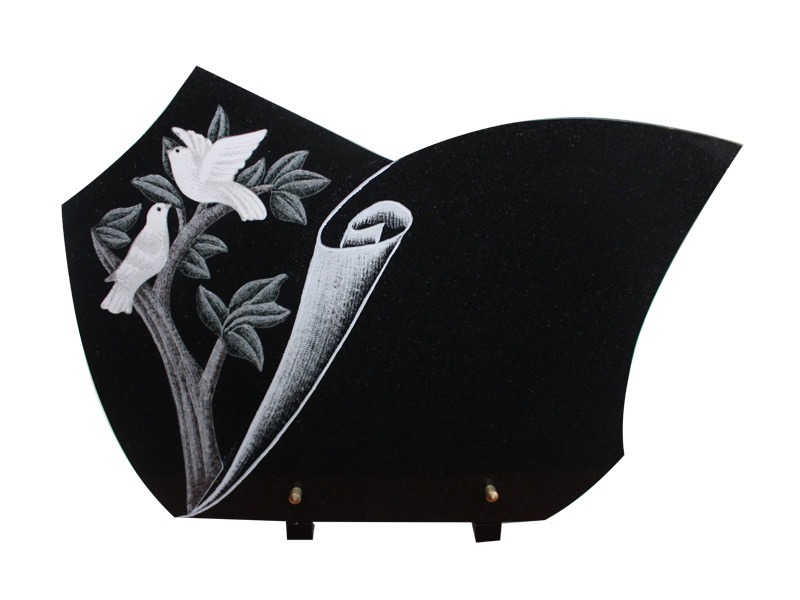 Scroll Shape Black Granite Cemetery Memorial Plaques With Engraved Bird