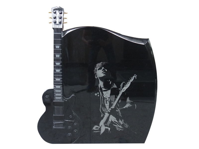 Black Granite Laser Etching Guitar Headstone For Funeral