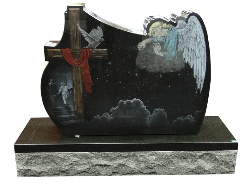 Black Granite Etched Cemetery Angel Monument With Dove
