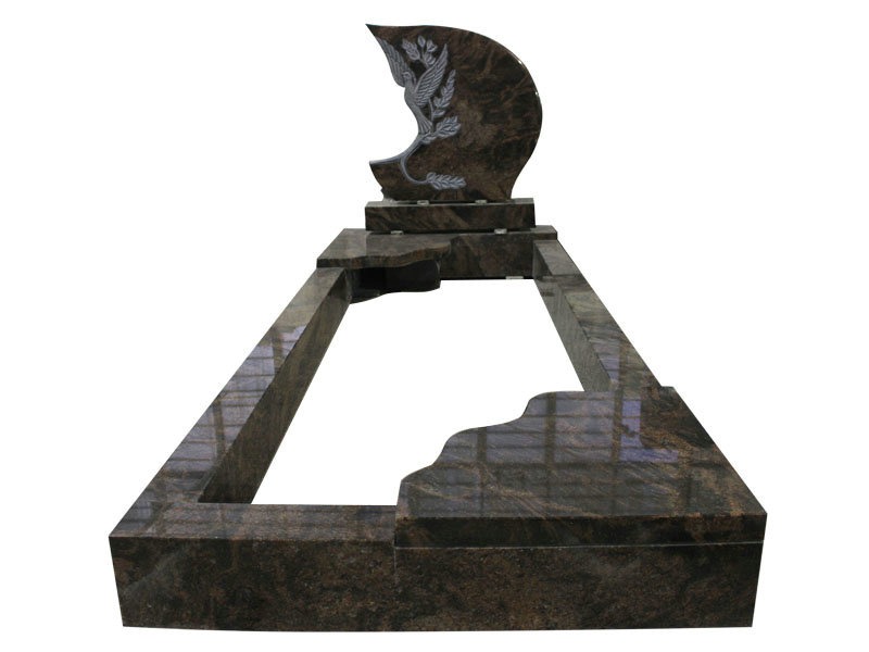 Moon Shape Headstones With Birds And Leaf In Aurora Granite