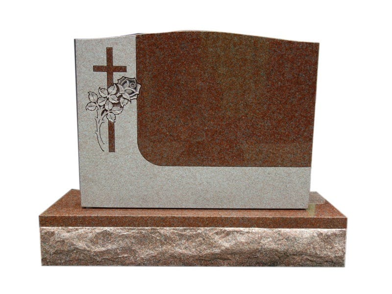 Red Granite Carved Rose Small Cross Headstone Upright